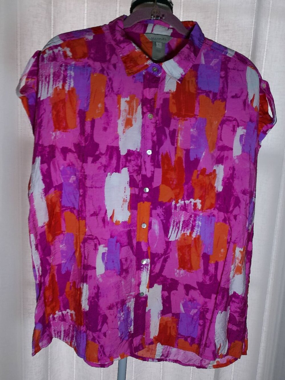 MULTIPLES NWOT Sleeveless Collared Button-Up Pink Watercolor Blouse L